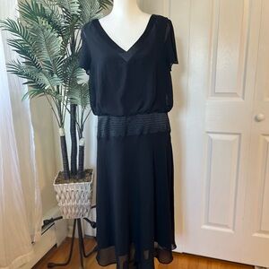 Dawn Joy, black dress, size 14, v‎ neck, sheer capped sleeve